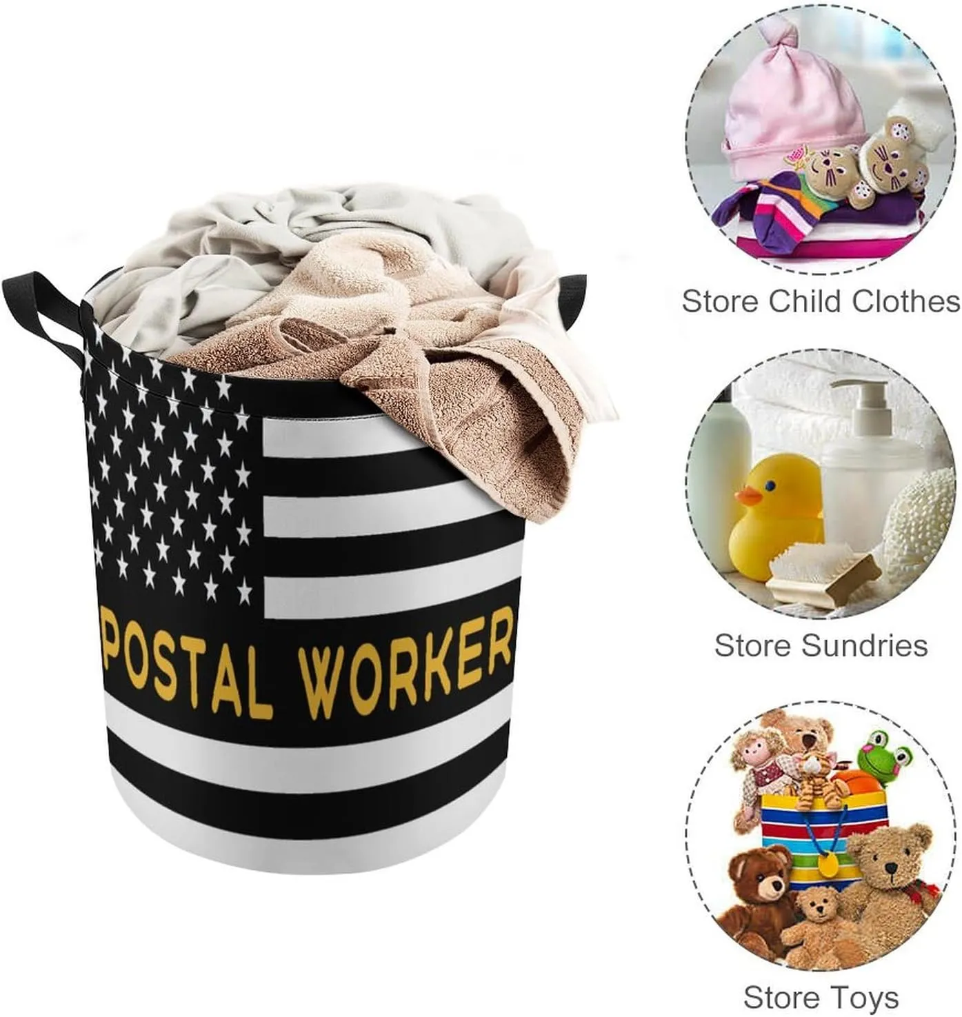 Postal Worker America Flag Laundry Hamper,45L Round Drawstring Collapsible Laundry Basket with Handle 17in Waterproof Storage Basket for Bedroom Room-1