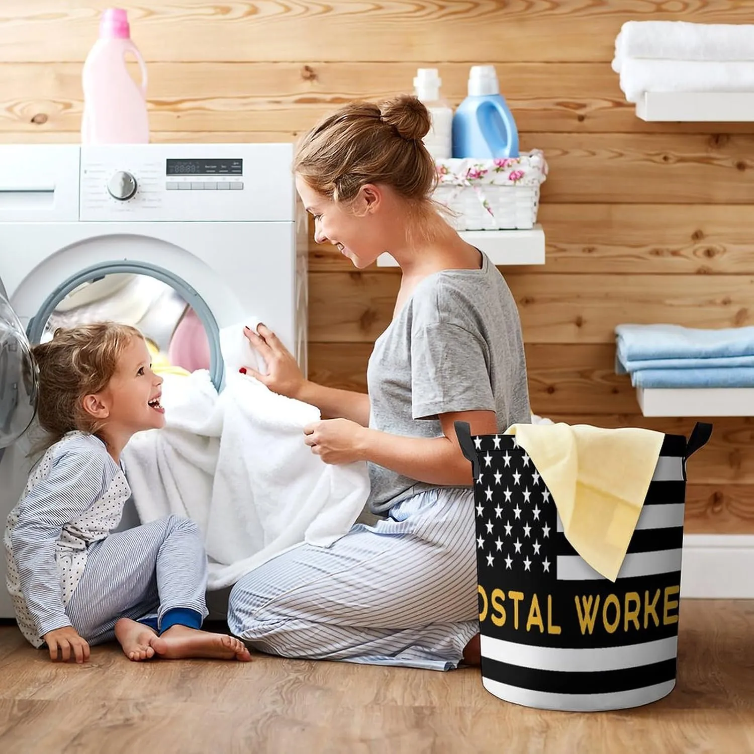 Postal Worker America Flag Laundry Hamper,45L Round Drawstring Collapsible Laundry Basket with Handle 17in Waterproof Storage Basket for Bedroom Room-1