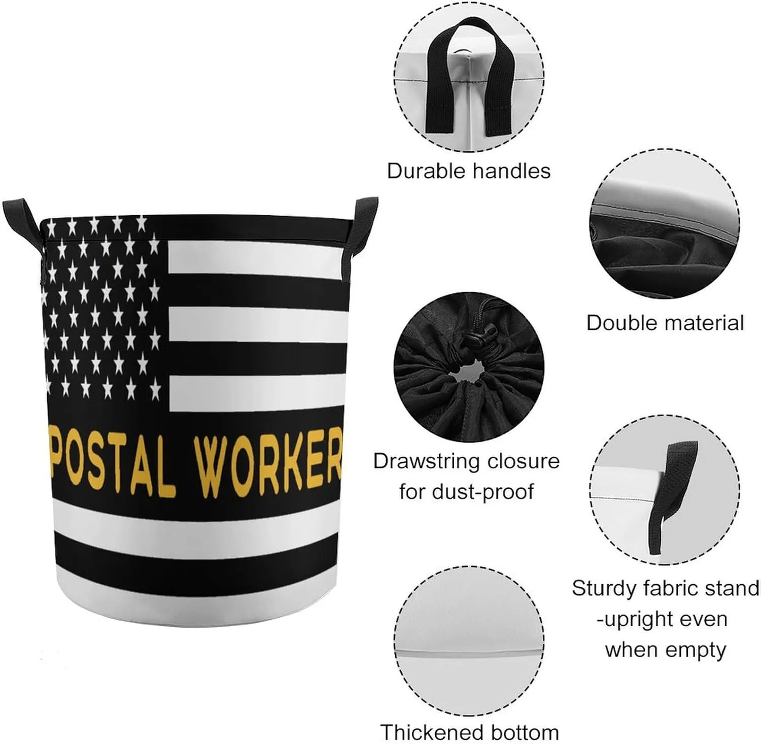 Postal Worker America Flag Laundry Hamper,45L Round Drawstring Collapsible Laundry Basket with Handle 17in Waterproof Storage Basket for Bedroom Room-1