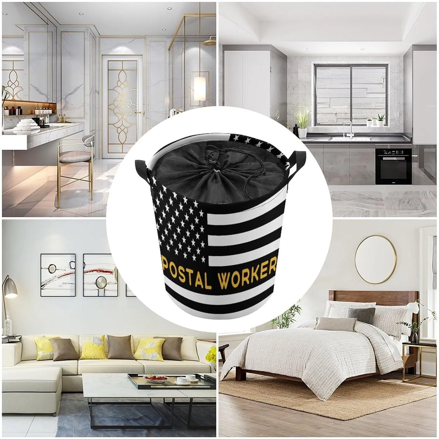 Postal Worker America Flag Laundry Hamper,45L Round Drawstring Collapsible Laundry Basket with Handle 17in Waterproof Storage Basket for Bedroom Room-1