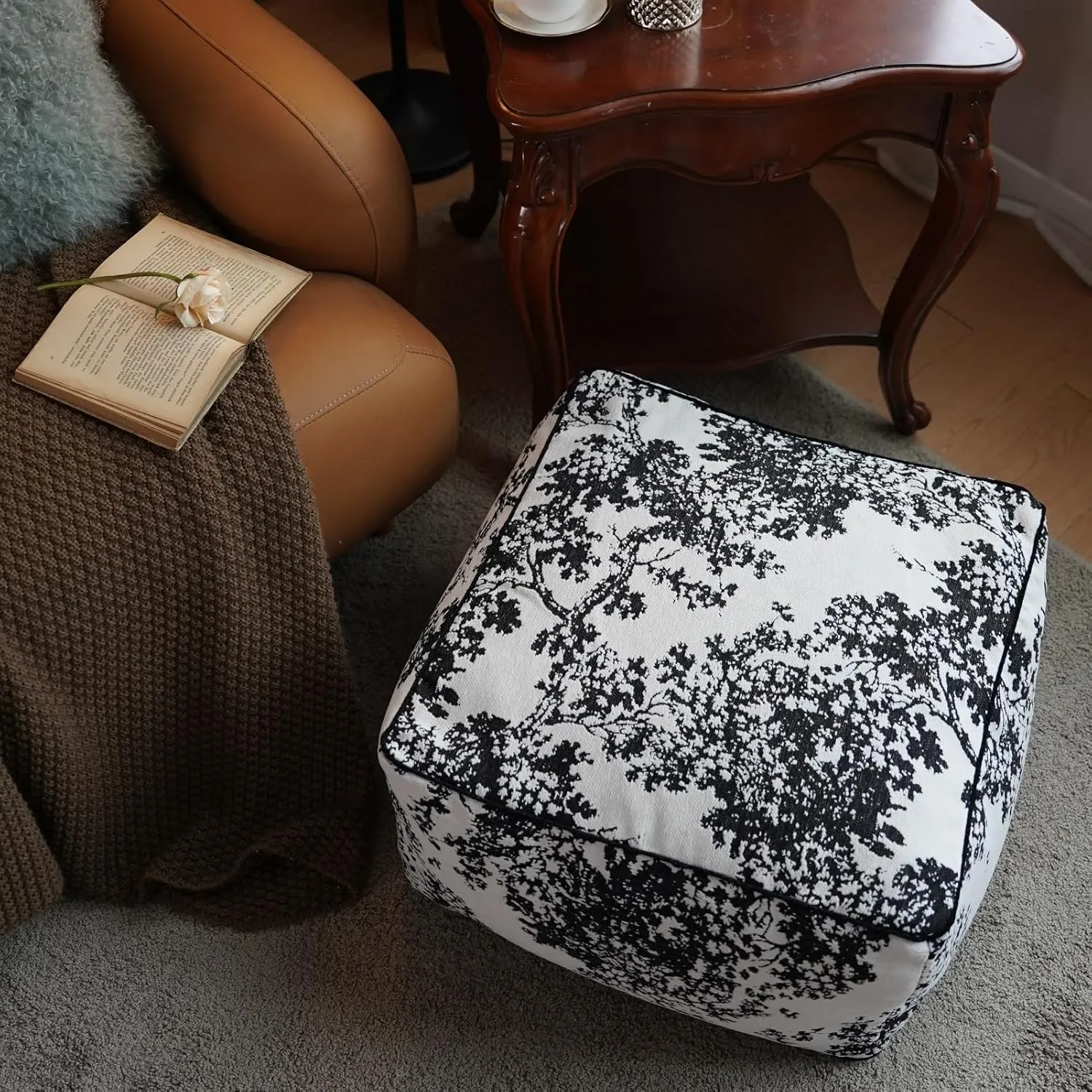 Pouf Ottoman Cover Decorative Soft Storage Bean Bag Unstuffed Pouf Seat 20x20x8 Inches Square Floor Footrest for Living Room Bedroom Outdoor (Black, Square)