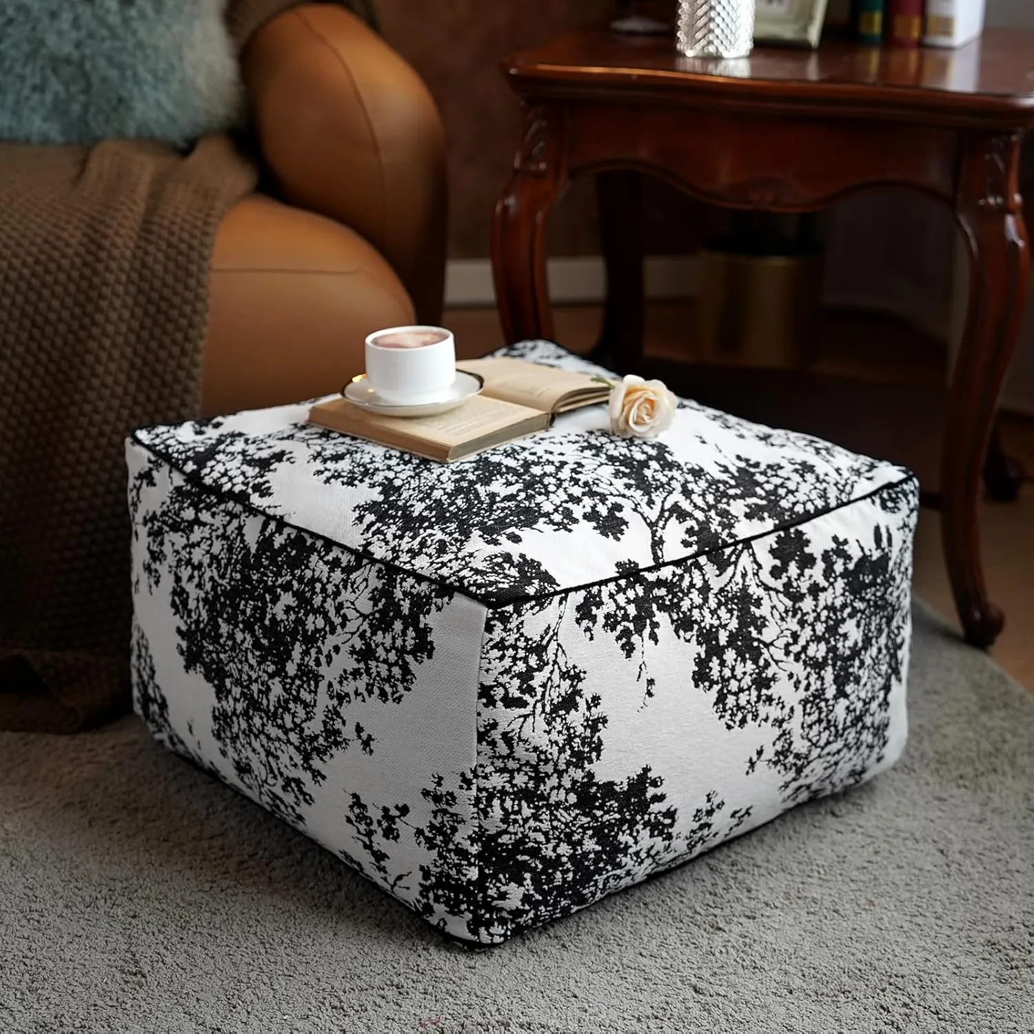 Pouf Ottoman Cover Decorative Soft Storage Bean Bag Unstuffed Pouf Seat 20x20x8 Inches Square Floor Footrest for Living Room Bedroom Outdoor (Black, Square)