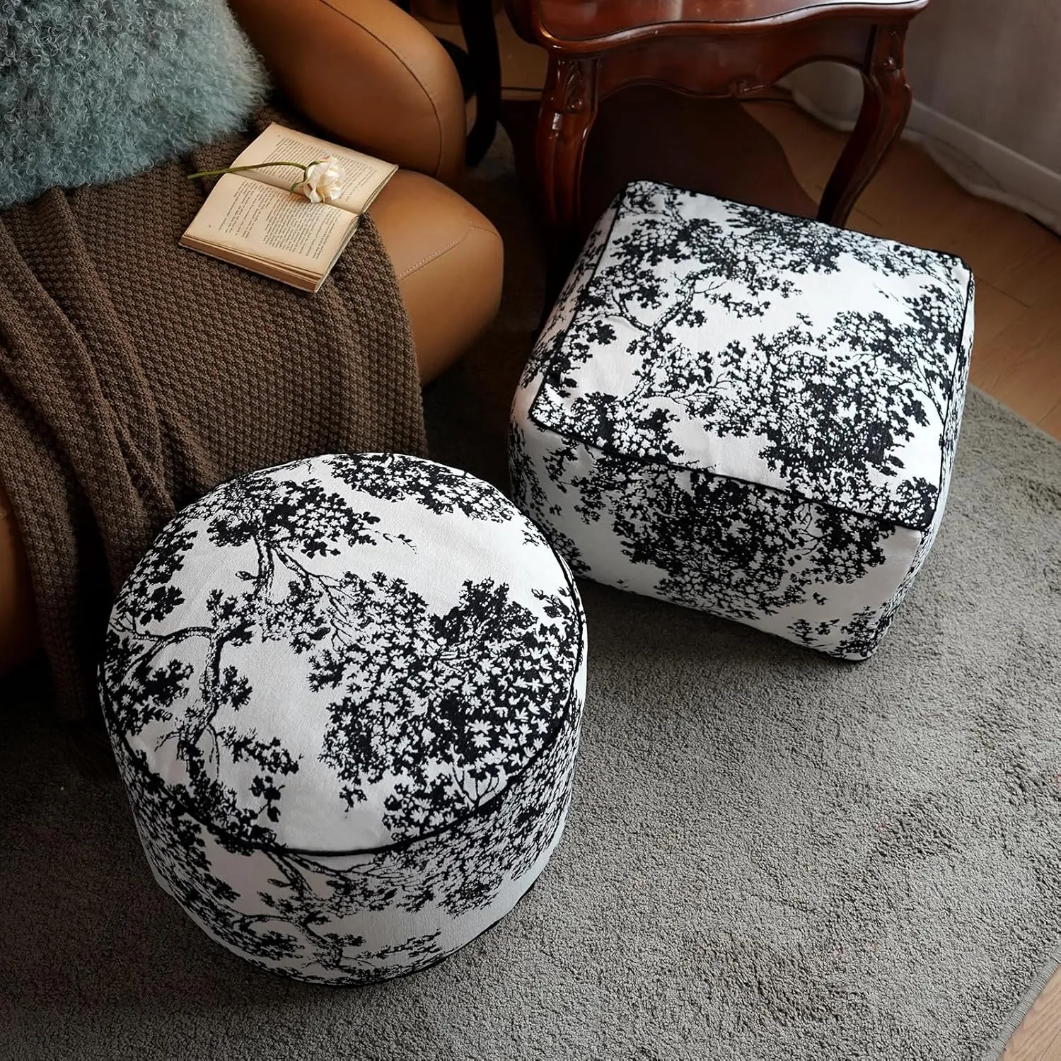 Pouf Ottoman Cover Decorative Soft Storage Bean Bag Unstuffed Pouf Seat 20x20x8 Inches Square Floor Footrest for Living Room Bedroom Outdoor (Black, Square)