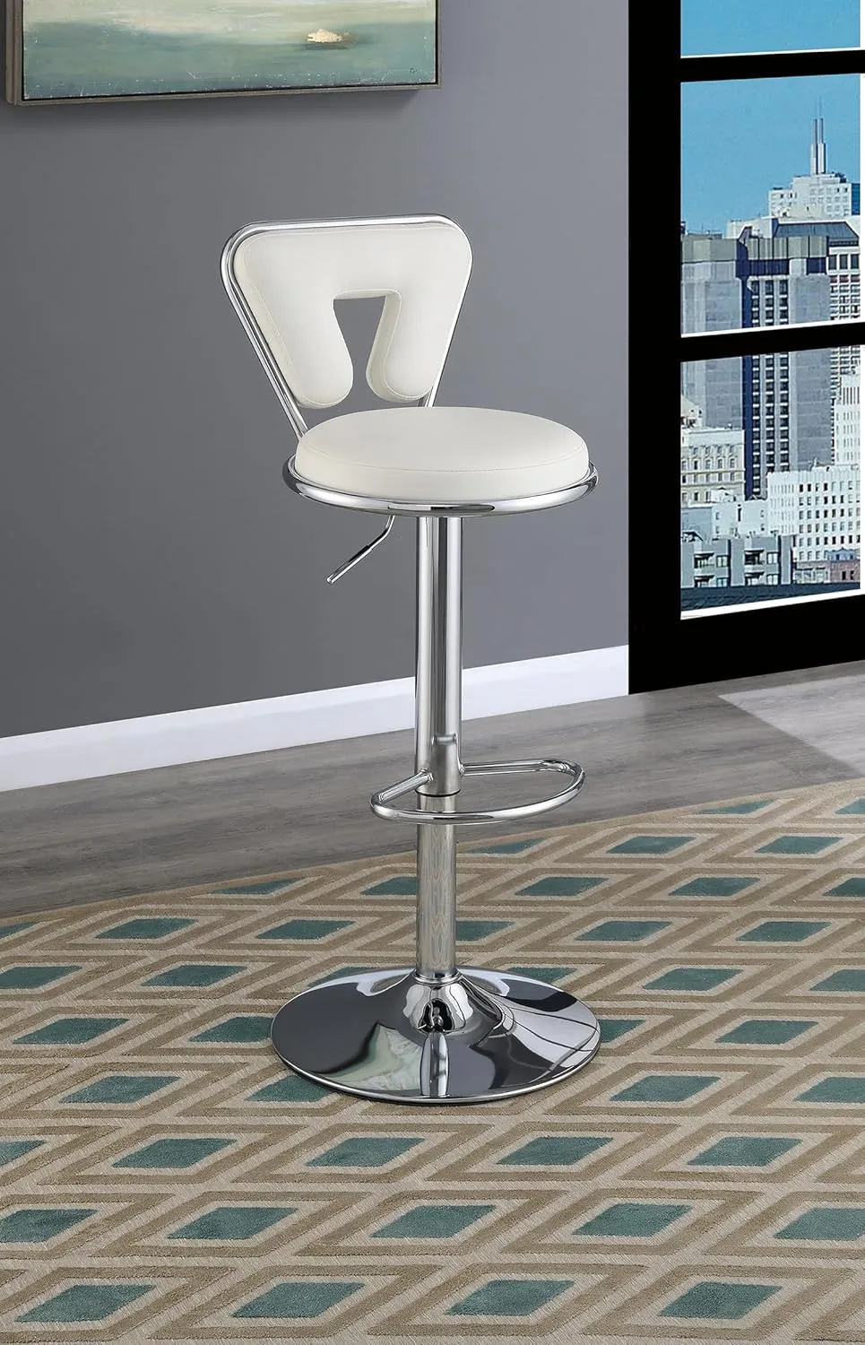 Poundex Adjustable Height & Swivel Barstool in White Faux Leather (Set of 2)
