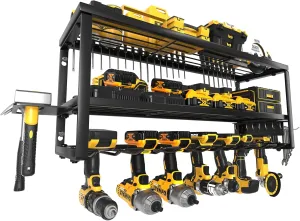 Power Tool Organizer Wall Mount, Heavy Duty 7 Slots Cordless Drill Holder and Battery Shelf, Metal Tool Storage Rack with Charging Station for Garage Organization