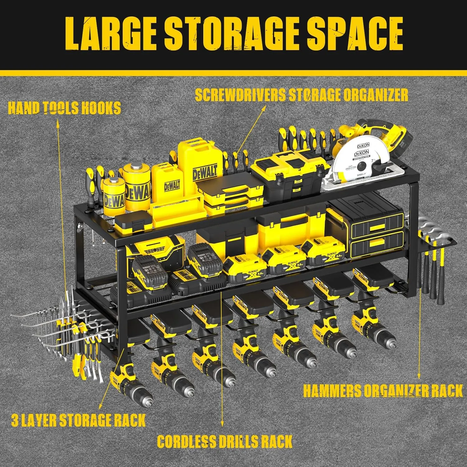 Power Tool Organizer Wall Mount, Heavy Duty 7 Slots Cordless Drill Holder and Battery Shelf, Metal Tool Storage Rack with Charging Station for Garage Organization