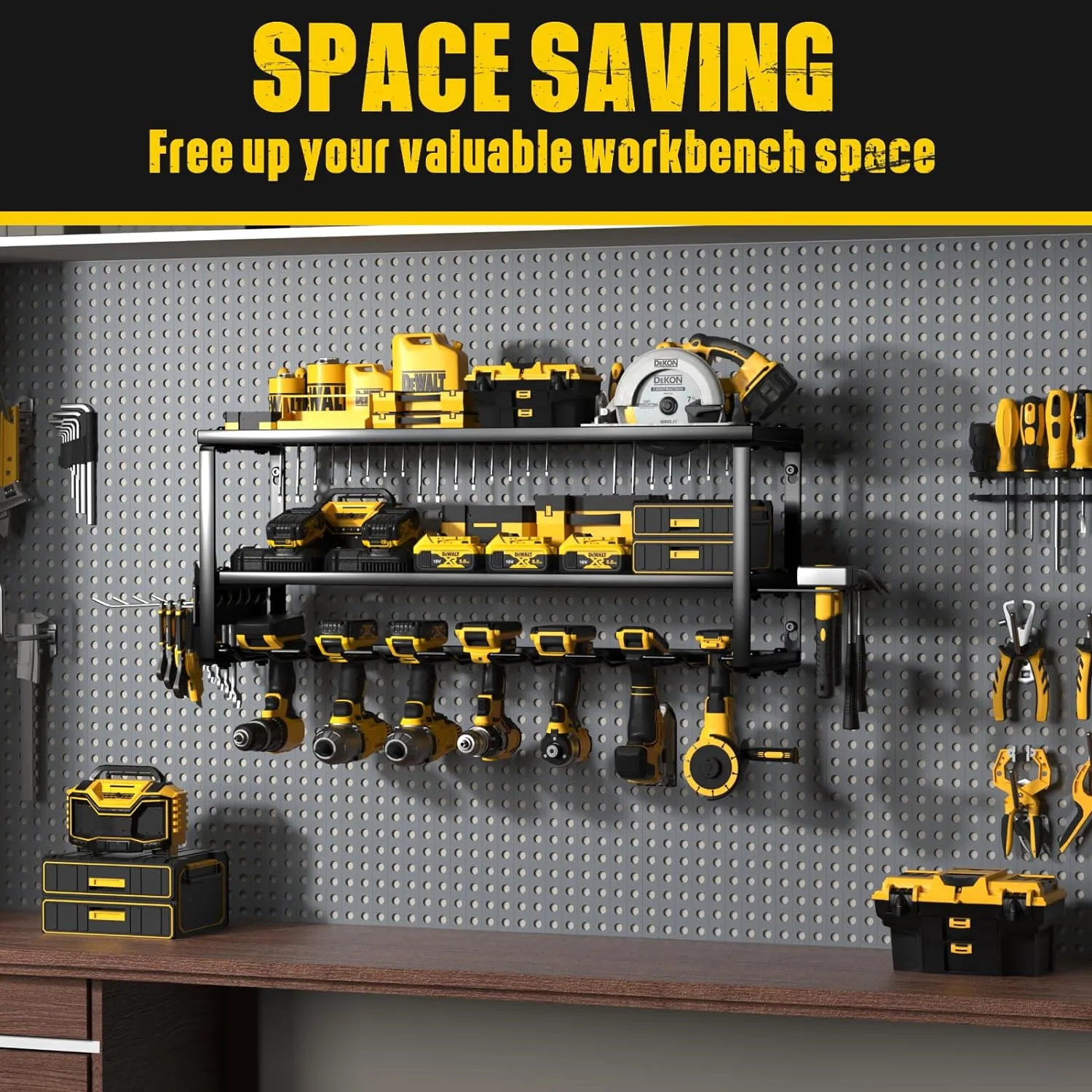 Power Tool Organizer Wall Mount, Heavy Duty 7 Slots Cordless Drill Holder and Battery Shelf, Metal Tool Storage Rack with Charging Station for Garage Organization
