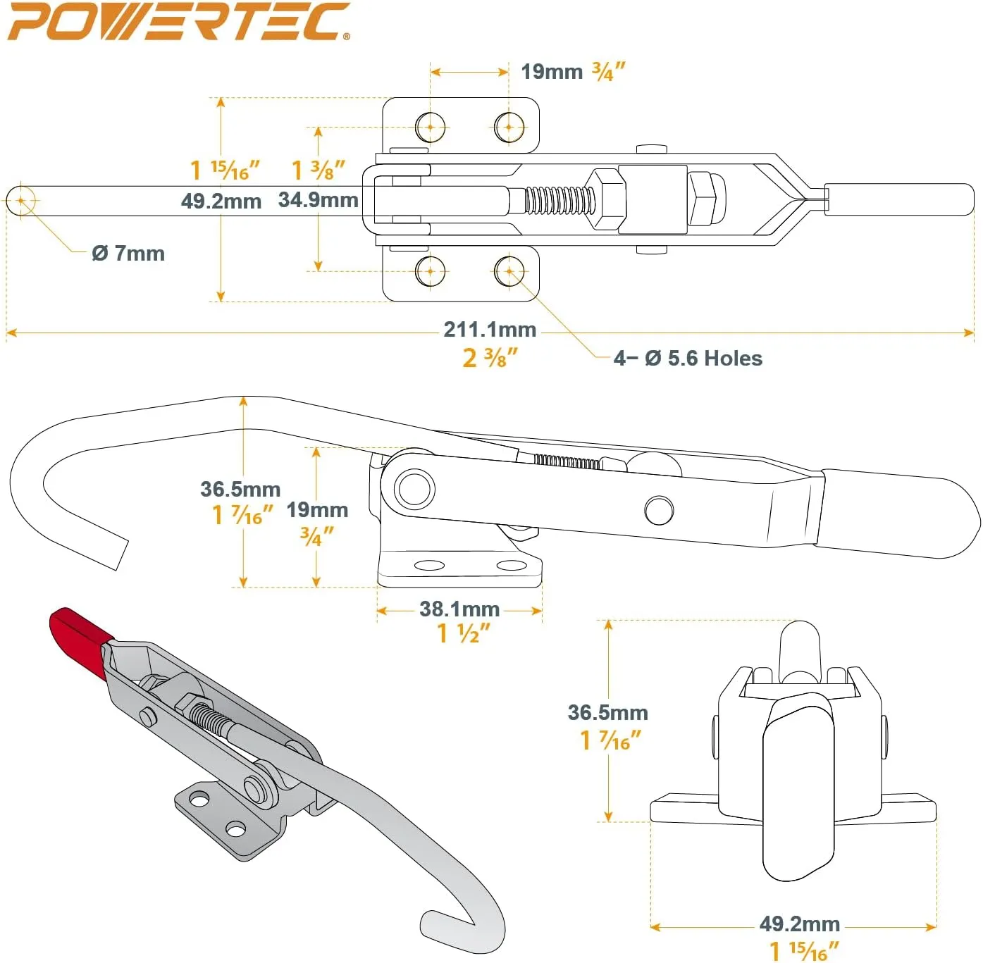 POWERTEC 4PK Toggle Clamp, 375 lbs Holding Capacity, 451 Adjustable Pull Action Latch for Smoker, Tool Box, Woodworking Jigs and Fixtures, Cabinet, Lids, Door, Truck (20308-P4V)