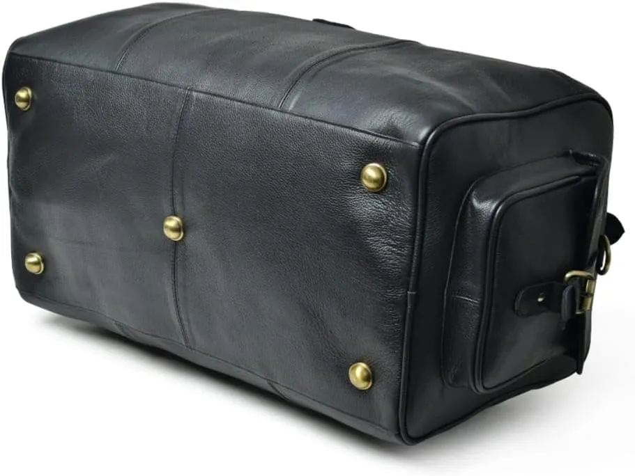 Premium Leather Duffle Bag with Toiletry Kit, Black, Travel Weekender Bag with Brass Hardware (Black)