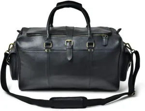 Premium Leather Duffle Bag with Toiletry Kit, Black, Travel Weekender Bag with Brass Hardware (Black)