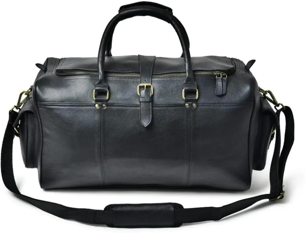 Premium Leather Duffle Bag with Toiletry Kit, Black, Travel Weekender Bag with Brass Hardware (Black)