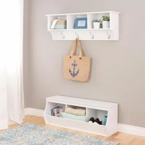 Prepac 46" wide Triple Storage Cubby and Wall Mounted Coat Rack with Shelf - White