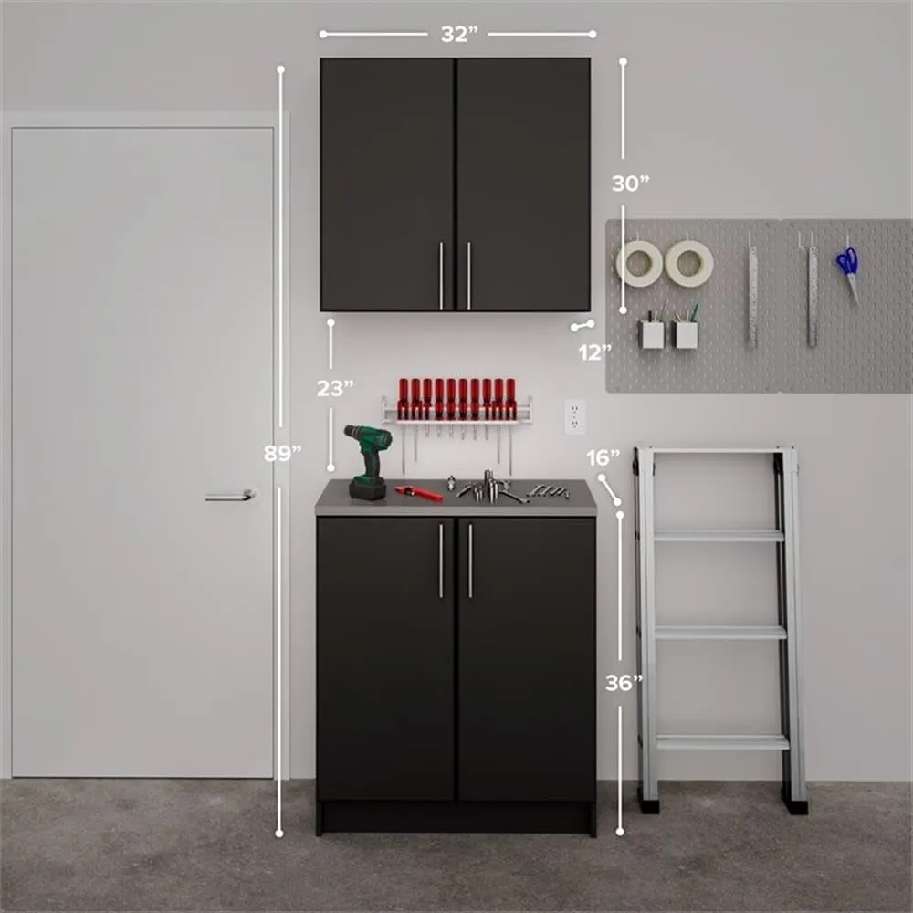 Prepac Elite Functional 2-Piece Garage Cabinets and Storage System Set H, Simplistic Garage Closet Shop Cabinets 16" D x 32" W x 89" H, Black, BRSX-1017-2M
