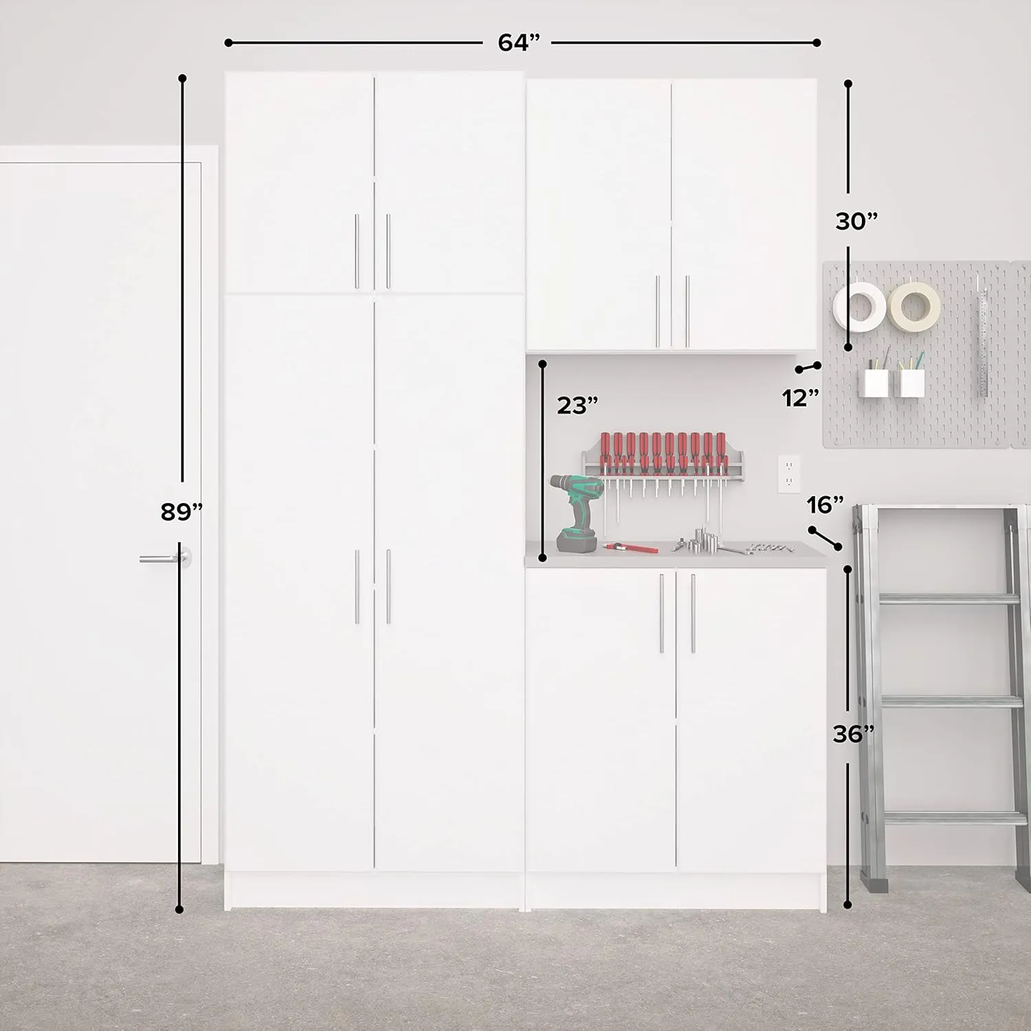 Prepac Elite Functional 4-Piece Garage Cabinets and Storage System Set F, Simplistic Garage Closet Shop Cabinets 16" D x 64" W x 89" H, White, WRSX-1015-4M