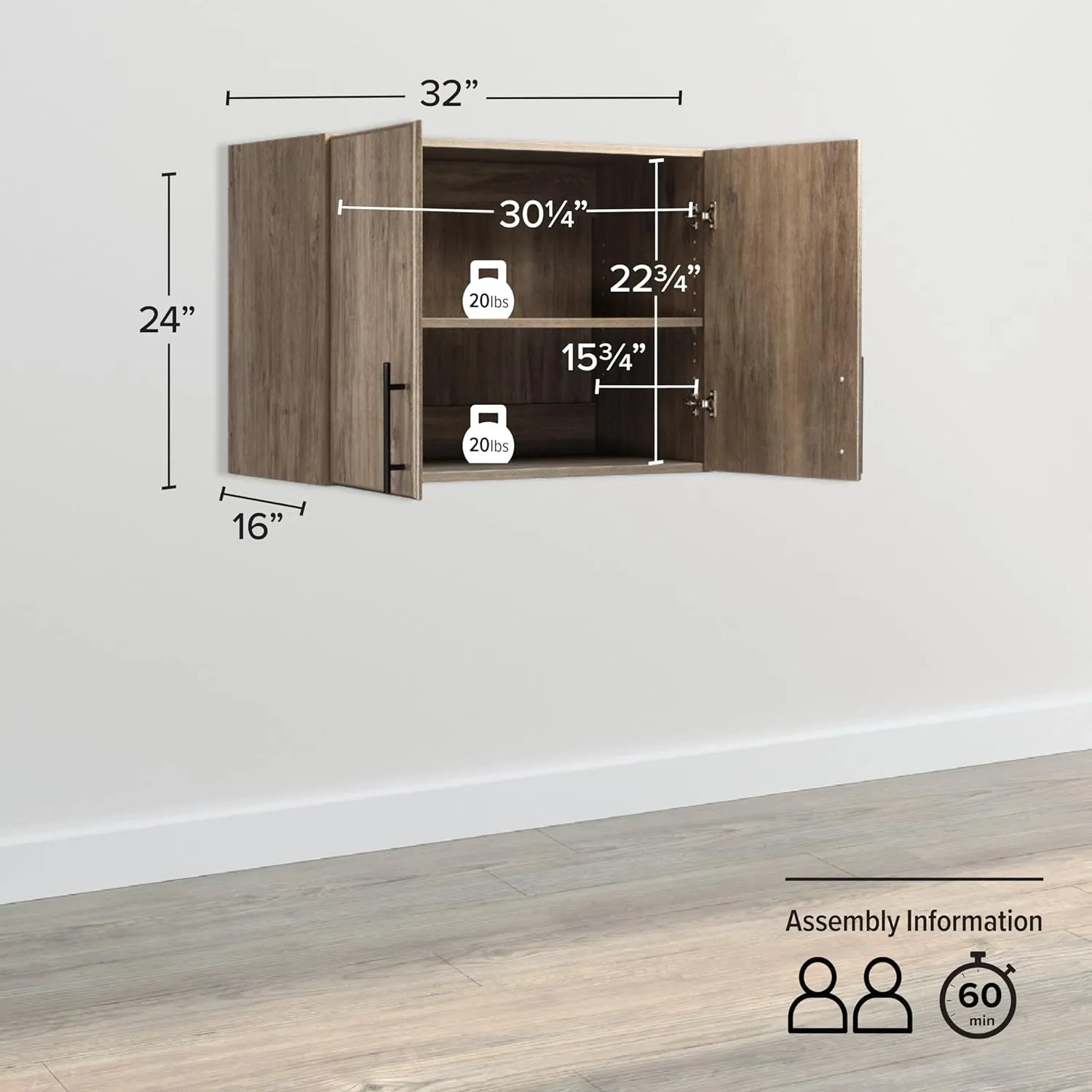 Prepac Elite Functional Wall Mount Shop Cabinet with Adjustable Shelf, Simplistic Stackable 2-Door Garage Cabinet 16" D x 32" W x 24" H, Drifted Gray, DEW-3224