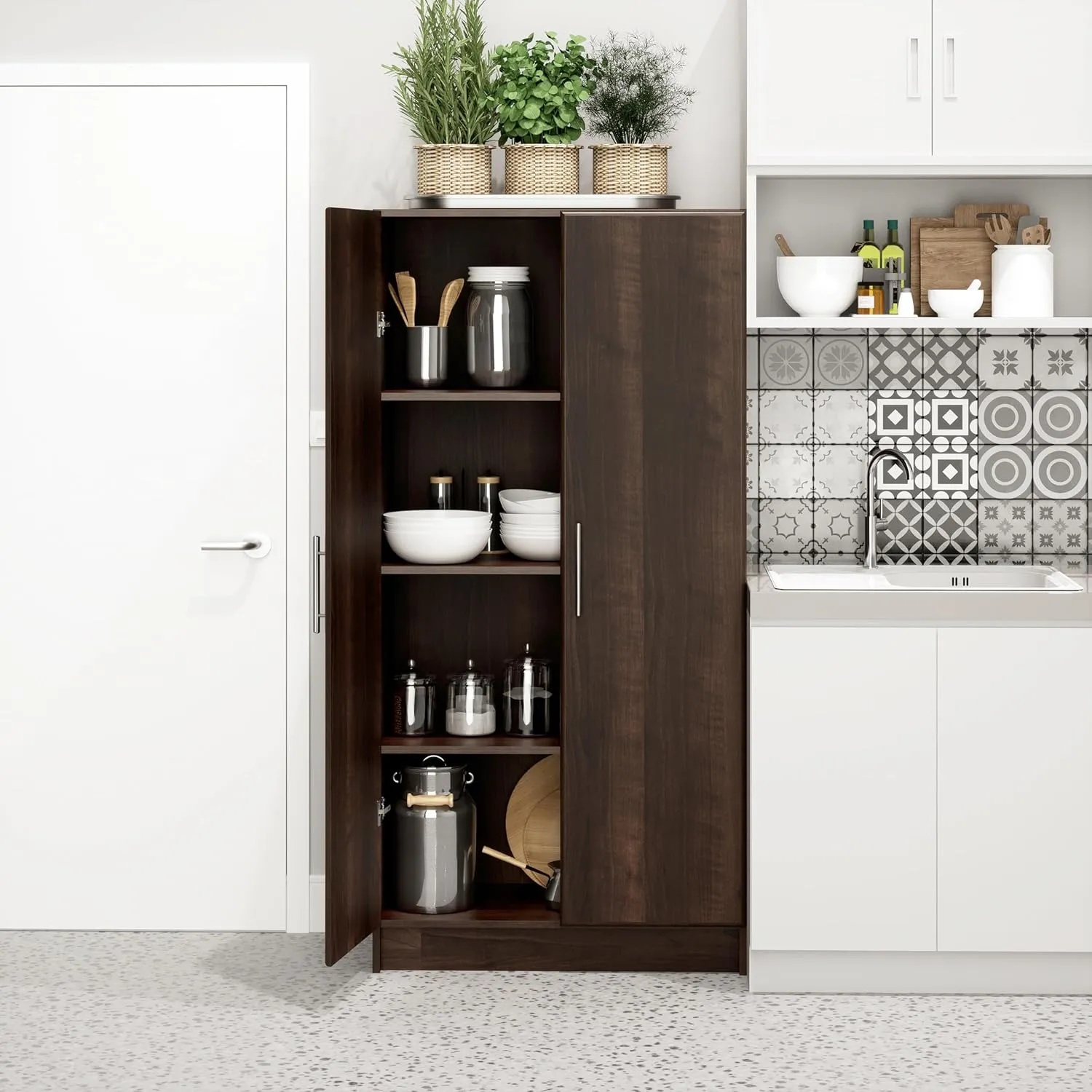 Prepac Elite Tall Garage Storage Cabinet & Pantry Storage Cupboard, 2-Door Freestanding Bathroom or Pantry Cabinet with Adjustable Shelves, 16" D x 32" W x 65" H, Espresso