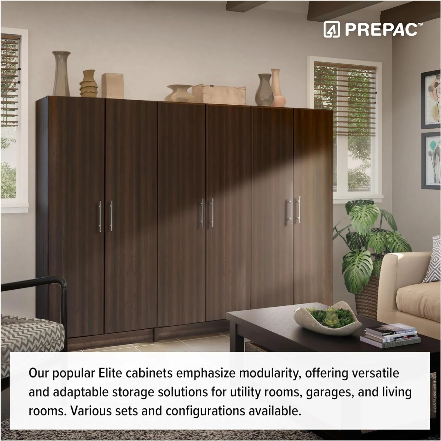 Prepac Elite Tall Garage Storage Cabinet & Pantry Storage Cupboard, 2-Door Freestanding Bathroom or Pantry Cabinet with Adjustable Shelves, 16" D x 32" W x 65" H, Espresso
