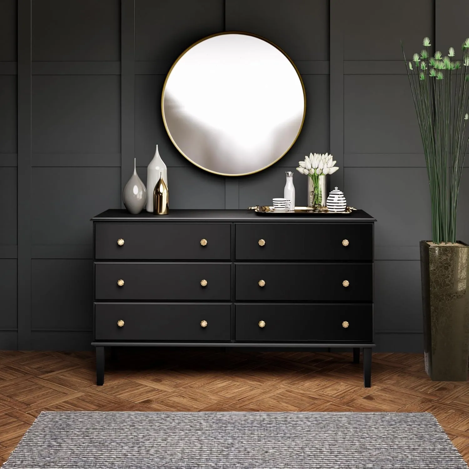 Prepac Lux Dresser, Black Dresser for Bedroom, Chest of Drawers with 6 Drawers 18.5" D x 56.25" W x 33" H, BDBR-2306-1