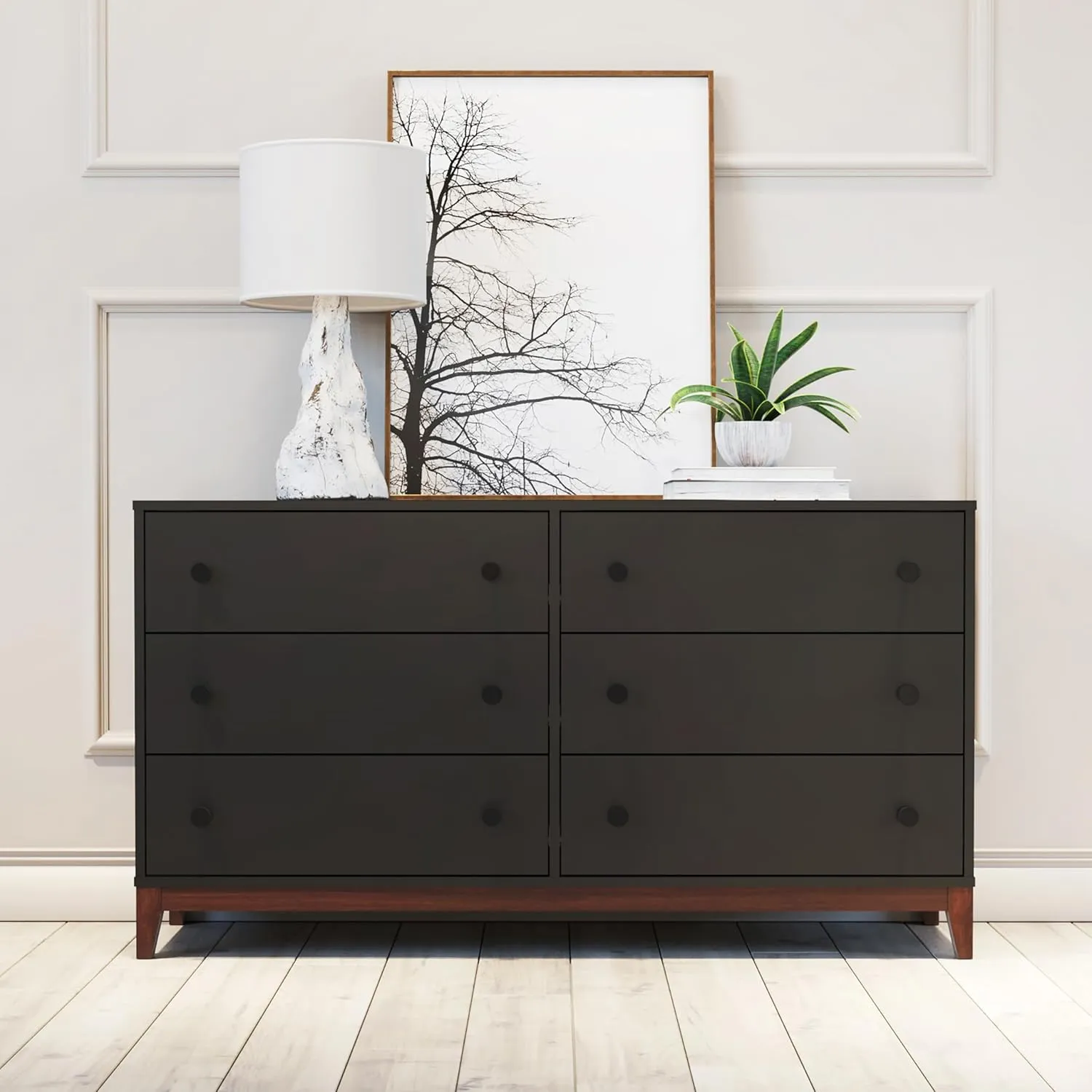 Prepac Nordik Dresser, Black & Cherry Dresser for Bedroom, Chest of Drawers with 6 Drawers, 16" D x 54.75" W x 30" H, BCDBR-2206-1