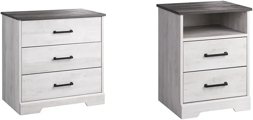 Prepac Rustic Ridge Farmhouse 3-Drawer Nightstand, Washed White, ADNR-1603-1 & Rustic Ridge Farmhouse Nightstand with 2 Drawers and an Open Cubby, Wooden Bedside Table