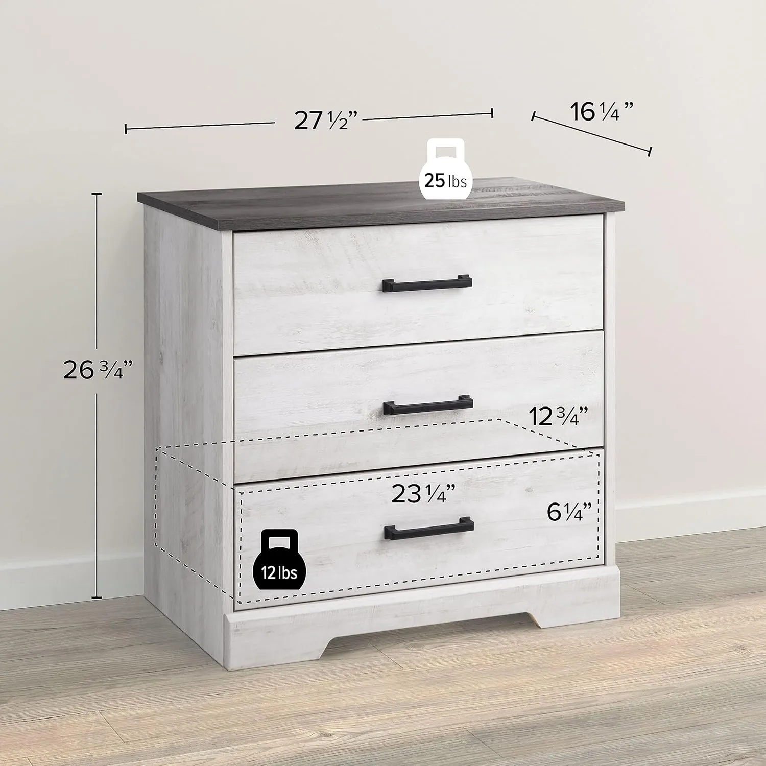Prepac Rustic Ridge Farmhouse 6-Drawer Chest of Drawers for Bedroom & Rustic Ridge Farmhouse 3-Drawer Nightstand, Washed White, ADNR-1603-1