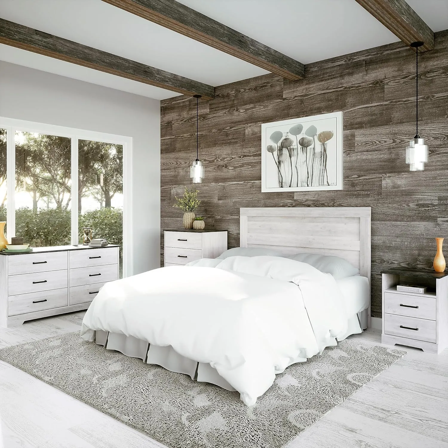 Prepac Rustic Ridge Farmhouse 6-Drawer Chest of Drawers for Bedroom & Rustic Ridge Farmhouse 3-Drawer Nightstand, Washed White, ADNR-1603-1