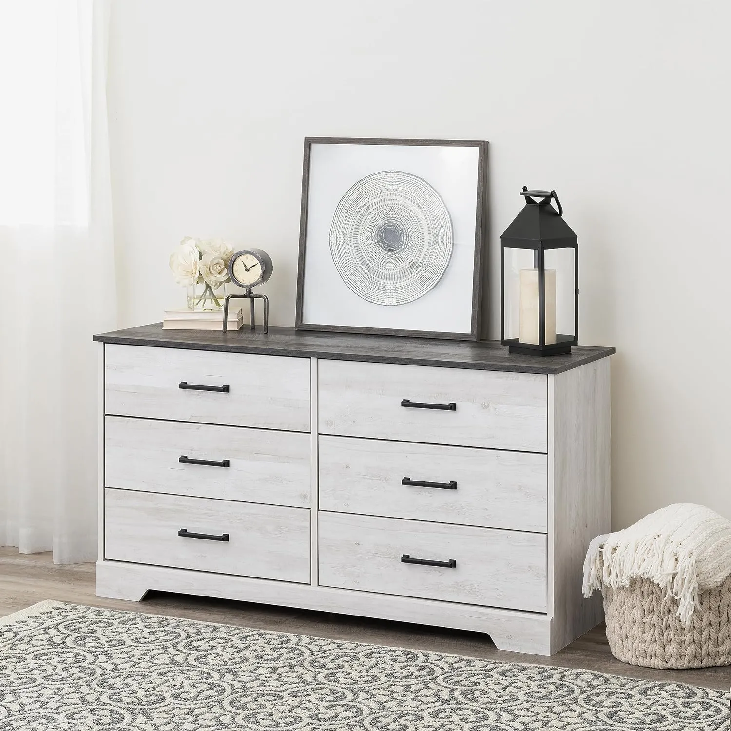 Prepac Rustic Ridge Farmhouse 6-Drawer Chest of Drawers for Bedroom & Rustic Ridge Farmhouse 3-Drawer Nightstand, Washed White, ADNR-1603-1