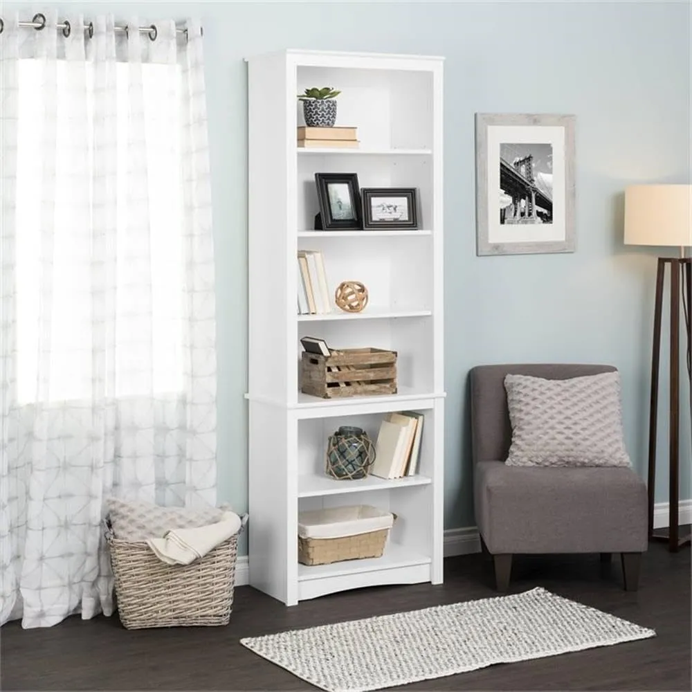 Prepac Sonoma Tall 6-Tier Bookcase 80"H with 2 Adjustable Shelves, White Storage Cabinet, Modern Display Cabinet, Bookshelf with Storage Shelves for Home Office, Living Room, Bedroom Organizer