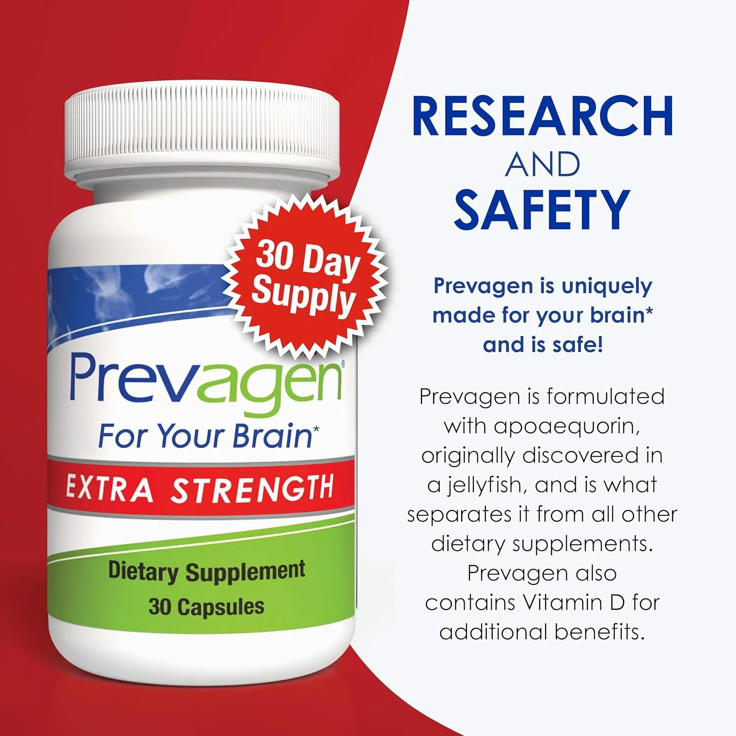 Prevagen Extra Strength 20mg, 30 Capsules |1 Pack| with Apoaequorin & Vitamin D with Attractive and Stackable Storage Box