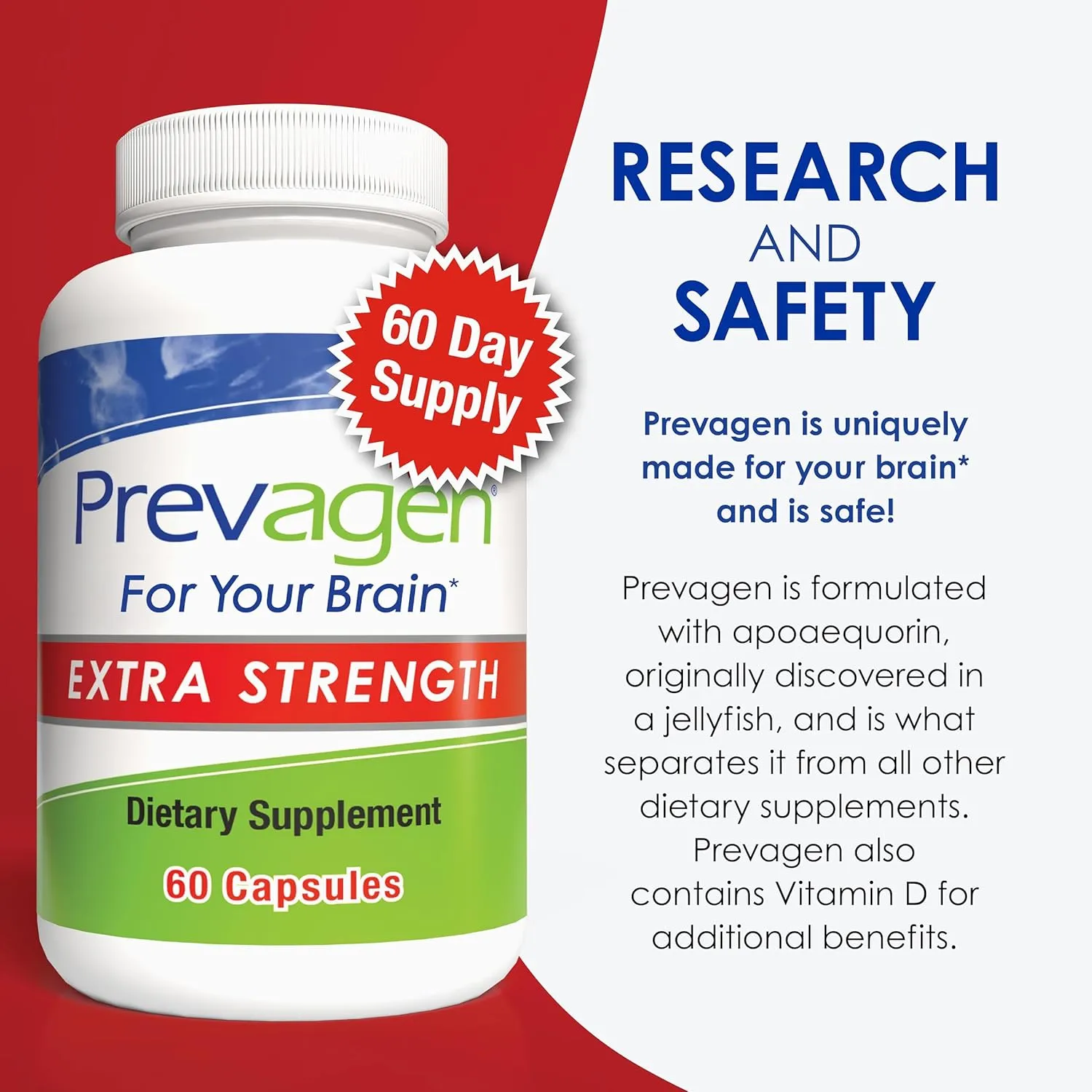 Prevagen Extra Strength 20mg, 60 Capsules |1 Pack| with Apoaequorin & Vitamin D with Attractive and Stackable Prevagen Storage Box