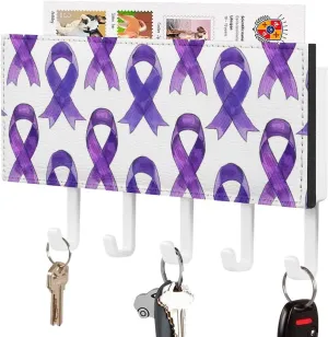 Purple Alzheimer Ribbon Novelty Key Holder Funny Keys Hook Mail Organizer Hanging Rack Decor with 5 Hooks for Wall