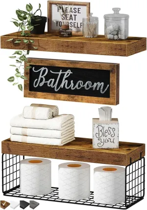 QEEIG ‎Bathroom Shelves Over Toilet - Paper Storage Wall Mounted Farmhouse Decor Decorations Aesthetic Décor Sign Small Floating Shelf 2 1 Set 16 inch, Rustic Brown (020BN)