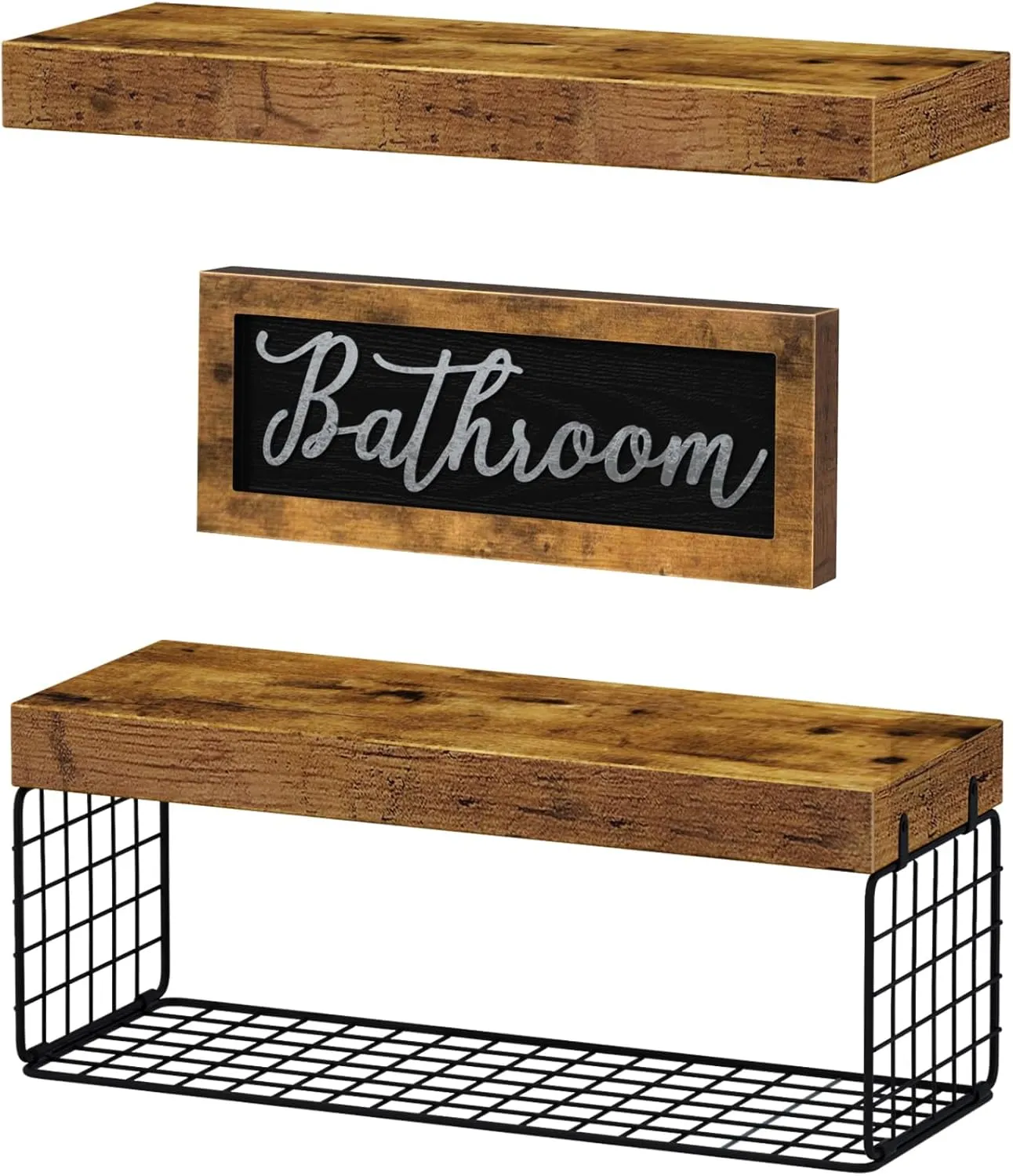 QEEIG ‎Bathroom Shelves Over Toilet - Paper Storage Wall Mounted Farmhouse Decor Decorations Aesthetic Décor Sign Small Floating Shelf 2 1 Set 16 inch, Rustic Brown (020BN)