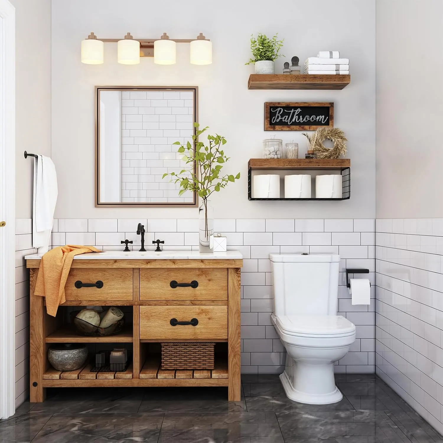 QEEIG ‎Bathroom Shelves Over Toilet - Paper Storage Wall Mounted Farmhouse Decor Decorations Aesthetic Décor Sign Small Floating Shelf 2 1 Set 16 inch, Rustic Brown (020BN)