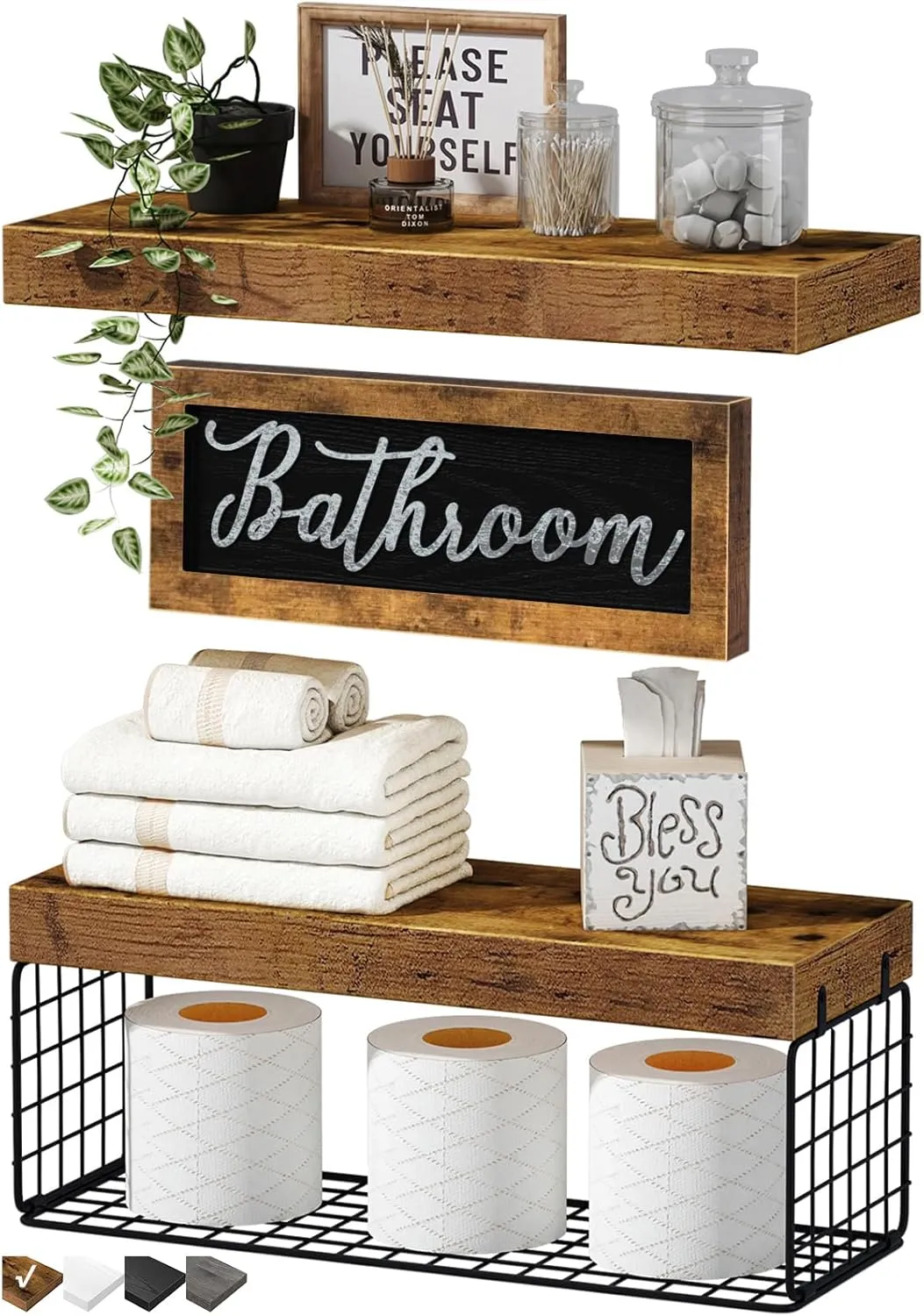 QEEIG ‎Bathroom Shelves Over Toilet - Paper Storage Wall Mounted Farmhouse Decor Decorations Aesthetic Décor Sign Small Floating Shelf 2 1 Set 16 inch, Rustic Brown (020BN)