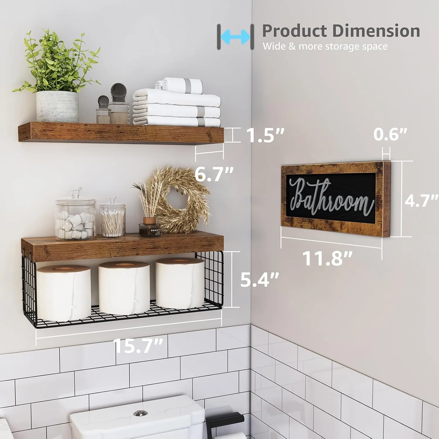 QEEIG ‎Bathroom Shelves Over Toilet - Paper Storage Wall Mounted Farmhouse Decor Decorations Aesthetic Décor Sign Small Floating Shelf 2 1 Set 16 inch, Rustic Brown (020BN)