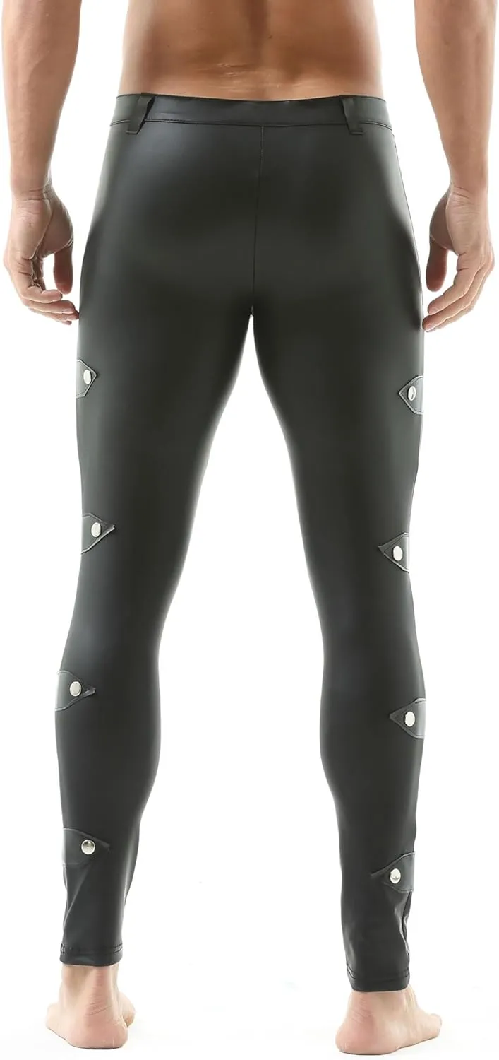 QiaTi Mens Skinny Pants Faux Leather Open Crotch Trousers with Bulge Pouch