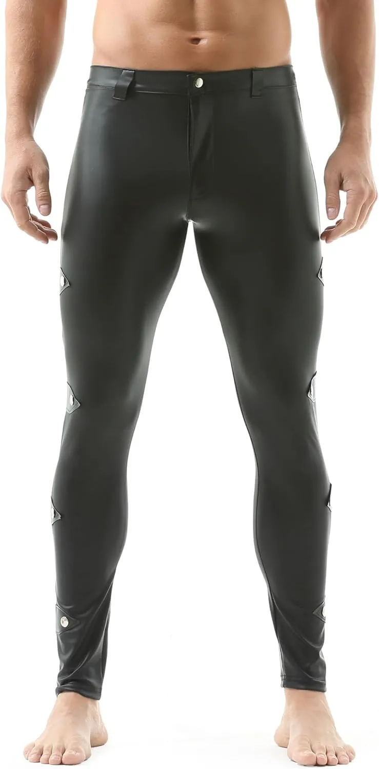 QiaTi Mens Skinny Pants Faux Leather Open Crotch Trousers with Bulge Pouch