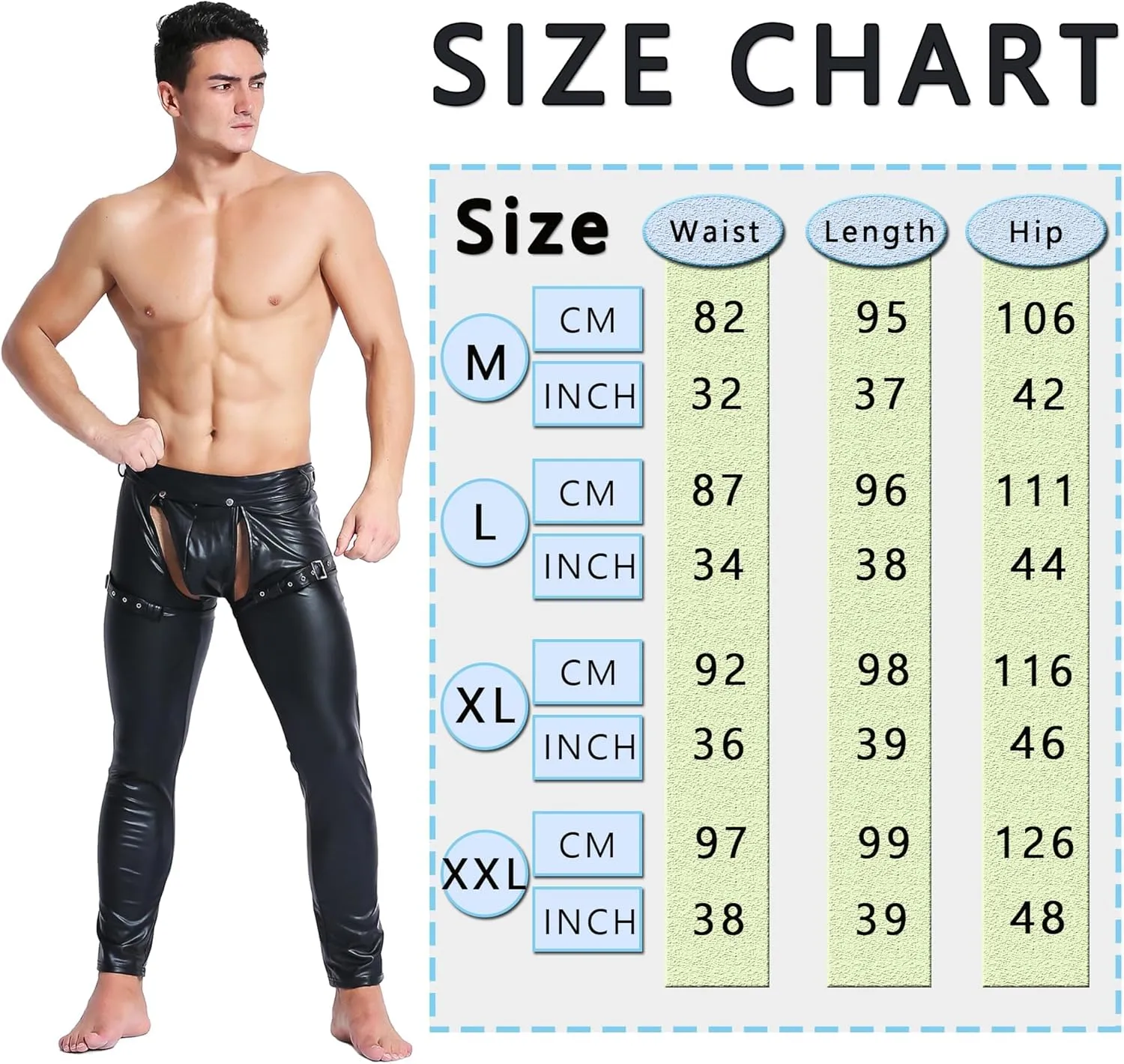 QiaTi Mens Skinny Pants Faux Leather Open Crotch Trousers with Bulge Pouch