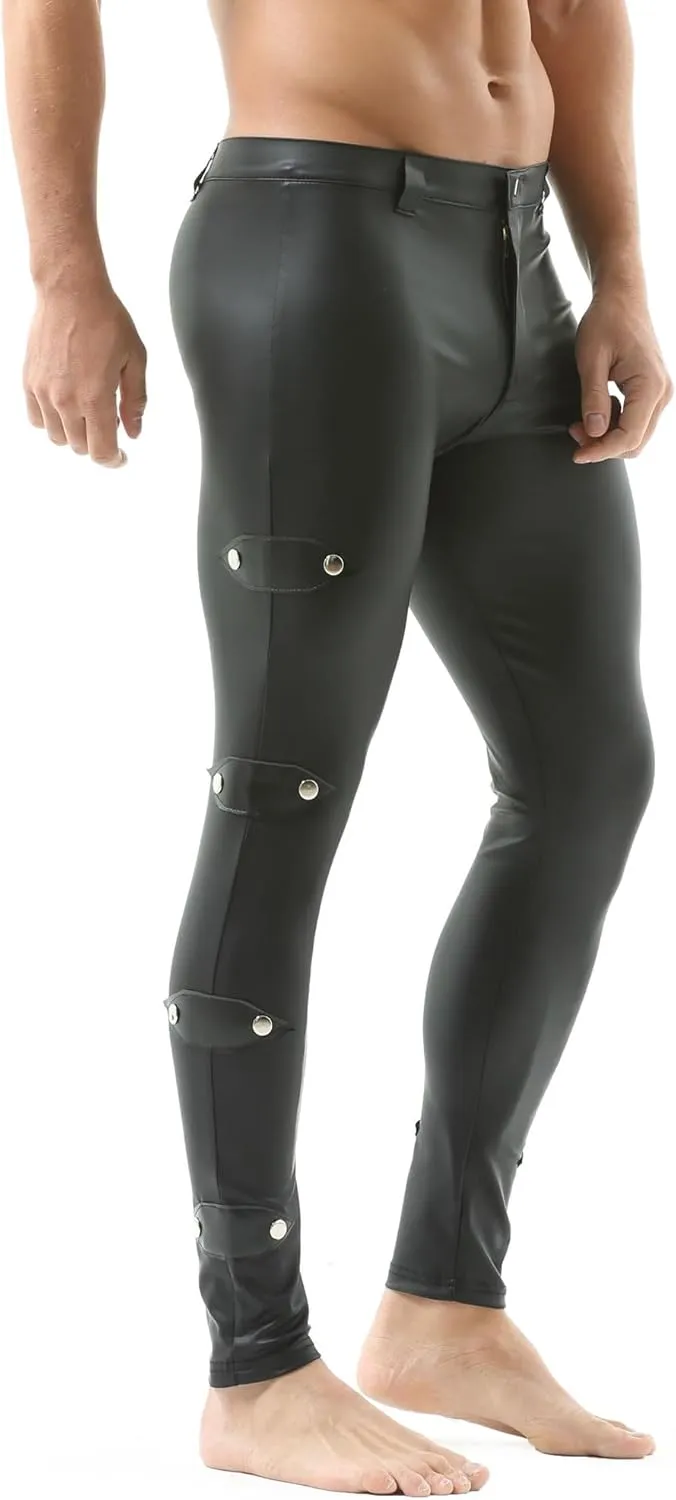 QiaTi Mens Skinny Pants Faux Leather Open Crotch Trousers with Bulge Pouch
