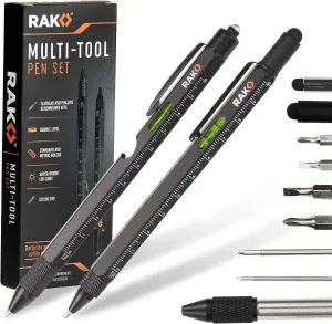 RAK Multitool Pen 2-Pack - Fathers Day Gift, Multi-Tool Pens with LED Light, Flathead & Phillips Screwdrivers, Level, Ruler, Bottle Opener, and Stylus. Cool Gadgets Gifts for Men, Dad, EDC Pen Tool