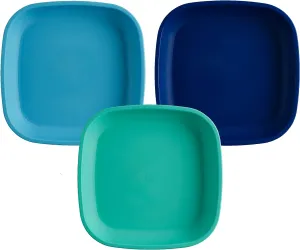 Re-Play Toddler Plates - 22 Oz. Deep-Walled Flat Kids Plates - Dishwasher & Microwave Safe - Made in USA - Set of 3-7.37" x 7.37" x 1.25" - True Blue