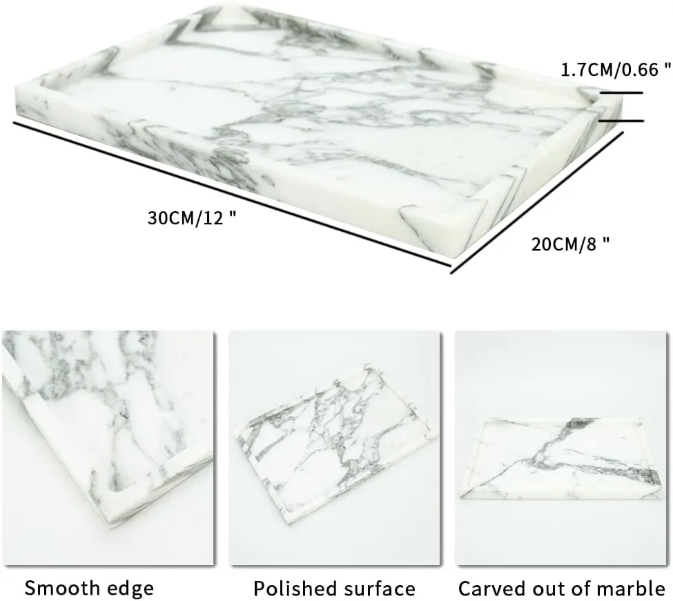 Real Luxurious Natural Marble Vanity Tray Genuine Marble Storage Tray for Home Decor Stone Tray for Bathroom/Kitchen/Vanity/Dresser Non-Resin/(arabescato)