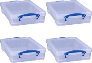 Really Useful Box 4 Liter Plastic Stackable Storage Container w/Snap Lid & Built-In Clip Lock Handles for Home & Office Organization, Clear (4 Pack)