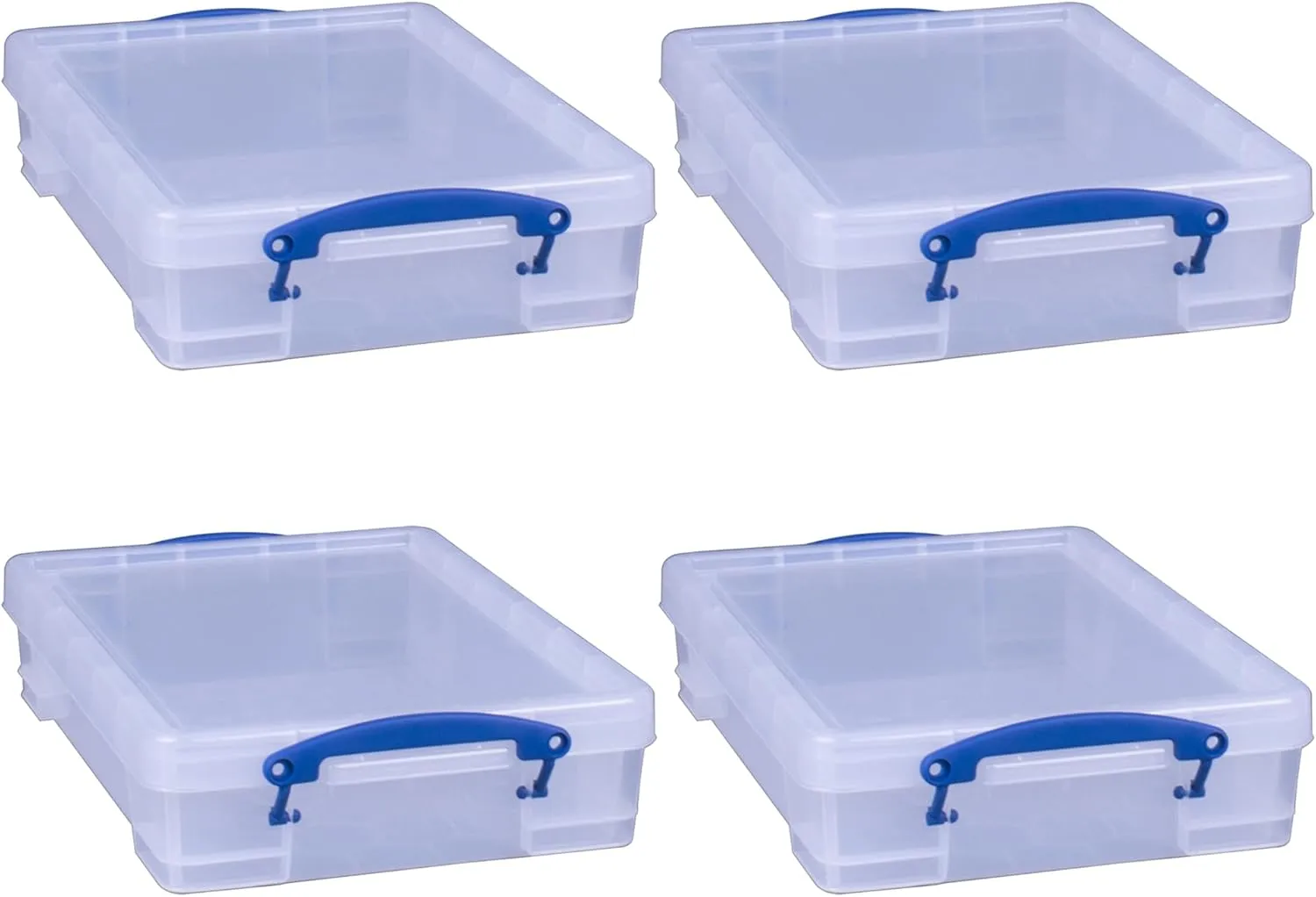 Really Useful Box 4 Liter Plastic Stackable Storage Container w/Snap Lid & Built-In Clip Lock Handles for Home & Office Organization, Clear (4 Pack)