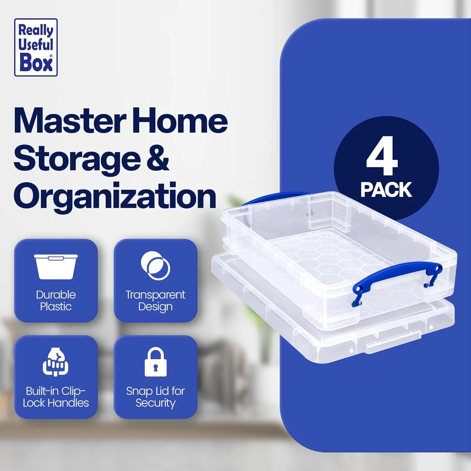 Really Useful Box 4 Liter Plastic Stackable Storage Container w/Snap Lid & Built-In Clip Lock Handles for Home & Office Organization, Clear (4 Pack)