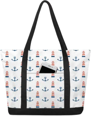 Red Blue White Lighthouse Anchors Tote Bag Tote Bag for Women Reusable Grocery Shopping Cloth Bags with Zipper Large Capacity Foldable Handbag Gym Bag for Gift Activity