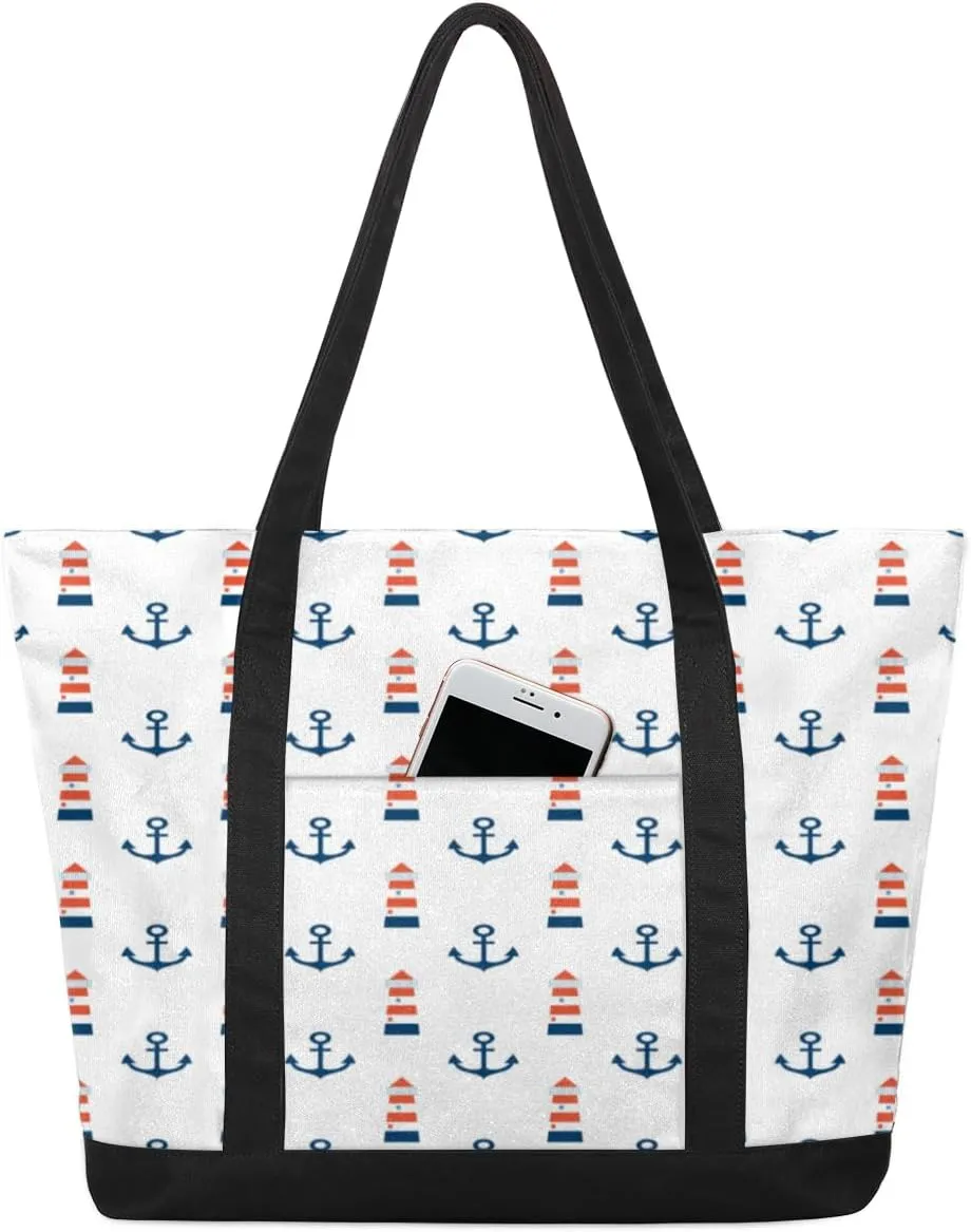 Red Blue White Lighthouse Anchors Tote Bag Tote Bag for Women Reusable Grocery Shopping Cloth Bags with Zipper Large Capacity Foldable Handbag Gym Bag for Gift Activity