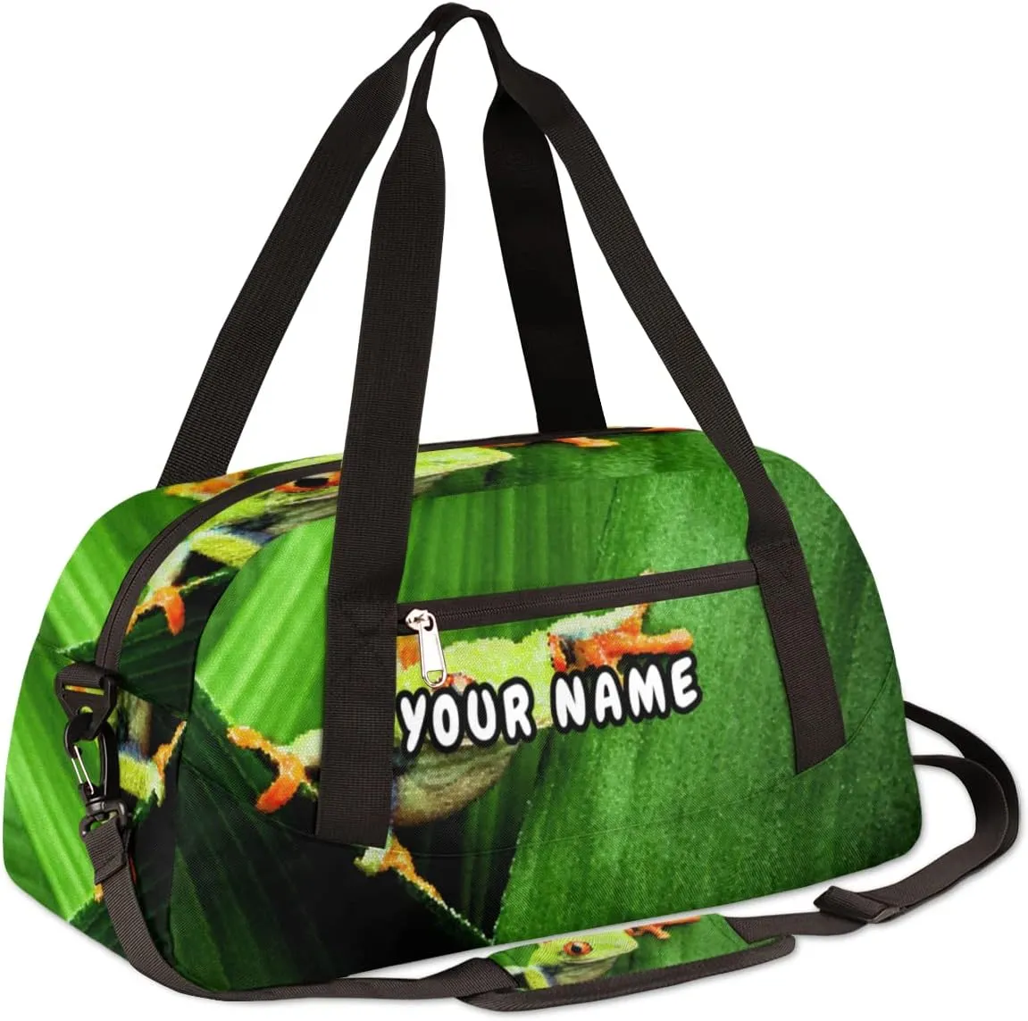 Red Eyed Tree Frog Personalized Kids Duffel Bag for Girls Boys, Frog Debris Custom Name Dance Bag Overnight Small Duffel Bag Carry On Weekend Sports Travel Bag for School Practice Gymnastics Ballet