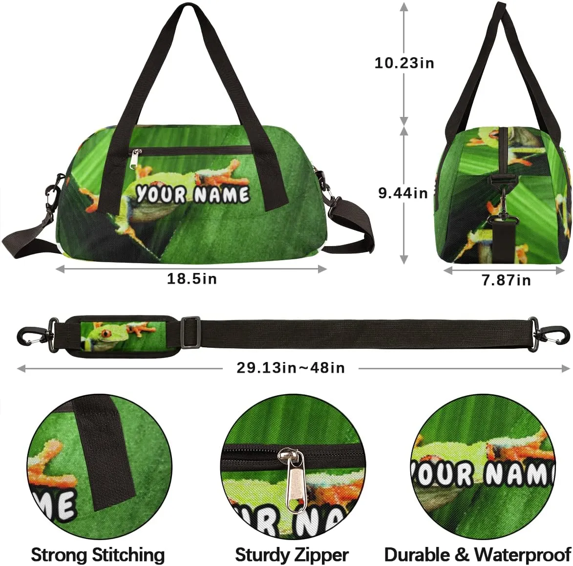 Red Eyed Tree Frog Personalized Kids Duffel Bag for Girls Boys, Frog Debris Custom Name Dance Bag Overnight Small Duffel Bag Carry On Weekend Sports Travel Bag for School Practice Gymnastics Ballet